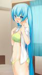  air_conditioner bed blue_eyes blue_hair blush bra curtains from_side green_bra green_panties hatsune_miku highres long_hair looking_at_viewer no_pants open_clothes open_mouth open_shirt panties papino shirt solo strapless strapless_bra twintails underwear undressing very_long_hair vocaloid 