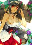  bare_shoulders black_hair breasts commentary_request hair_ornament hairband hand_in_hair headband japanese_clothes kantai_collection large_breasts looking_at_viewer momoiro nontraditional_miko pleated_skirt red_eyes red_skirt remodel_(kantai_collection) short_hair skirt solo turret yamashiro_(kantai_collection) 