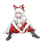 blush boots bow closed_mouth cross-laced_footwear fujiwara_no_mokou full_body hair_bow highres jpeg_artifacts long_hair looking_to_the_side open_eyes pan-ooh pants silver_hair simple_background sitting solo suspenders touhou white_background 