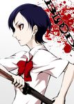  bangs black_hair blood blood+ blood_splatter blurry bow commentary_request depth_of_field from_side holding holding_sword holding_weapon mattari_yufi otonashi_saya pale_skin red_eyes sheath sheathed short_hair short_sleeves sketch solo sword upper_body weapon white_background 