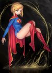  bangs black_background blonde_hair blue_eyes blue_leotard boots breasts cape covered_navel dc_comics eyebrows eyebrows_visible_through_hair floating from_side full_body highres large_breasts leotard long_sleeves md5_mismatch plantar_flexion red_cape red_footwear solo supergirl tsuki_suigetsu 
