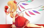  arm_support blonde_hair blood blood_stain bow closed_eyes eyelashes flandre_scarlet hair_between_eyes hair_bow hair_ribbon highres kneeling niseneko_(mofumofu_ga_ienai) no_hat no_headwear pointy_ears puffy_short_sleeves puffy_sleeves red_ribbon red_skirt red_vest ribbon shirt short_hair short_sleeves side_ponytail skirt skirt_set solo touhou vest white_shirt 