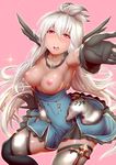  adapted_costume armpits bangs bare_shoulders black_gloves blush breasts breasts_outside collarbone commentary_request dark_skin foreshortening gentsuki gloves granblue_fantasy hair_between_eyes long_hair looking_at_viewer medium_breasts miniskirt nipples no_bra open_mouth outstretched_arm pink_background reaching_out red_eyes shiny shiny_skin silver_hair simple_background skirt solo sweat thighhighs very_long_hair zettai_ryouiki zooey_(granblue_fantasy) 