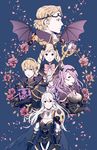 3girls armor bat_wings blonde_hair blue_background book breasts camilla_(fire_emblem_if) cape cleavage elise_(fire_emblem_if) female_my_unit_(fire_emblem_if) fire_emblem fire_emblem_if flower gloves hair_between_eyes hair_over_one_eye hair_ribbon hairband large_breasts leon_(fire_emblem_if) long_hair mamkute marks_(fire_emblem_if) medium_breasts multiple_boys multiple_girls my_unit_(fire_emblem_if) petals pink_flower pink_rose pointy_ears purple_eyes purple_hair red_eyes ribbon rose rose_petals siblings staff twintails wings yoonmi 