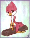  2016 avian avian_(starbound) beak bird border brown_eyes candy chibi chocolate digital_media_(artwork) feathers food kittyheadcase maladash micro nude red_feathers simple_background starbound talons video_games white_feathers 