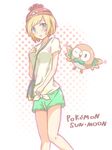  anchan bag beanie blonde_hair blue_eyes gen_7_pokemon handbag hat highres mizuki_(pokemon) pokemon pokemon_(creature) pokemon_(game) pokemon_sm red_hat rowlet shirt short_hair shorts t-shirt tied_shirt 