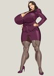  breasts brown_background brown_eyes brown_hair bulge earrings futanari gigantic_breasts hidarikiki high_heels highres hoop_earrings jewelry looking_at_viewer muscle muscular_female office_lady original simple_background smile solo thick_thighs thighs 