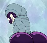  big_butt black_skin blush bottomless butt clothed clothing egg_thief female hat hi_res huge_butt mooning nervous no_underwear noseless presenting rear_view shiny smile stripes suggestive sweat teeth turban unknown_species white_eyes 