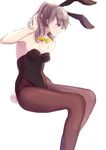  animal_ears bad_id bad_pixiv_id blue_eyes bow bowtie bunny_ears bunny_tail bunnysuit detached_collar grey_hair invisible_chair kashiwagi_chisame original pantyhose ponytail sitting solo tail 