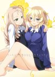  2girls arm_around_shoulder arm_support bangs barefoot bc_freedom_school_uniform black_skirt black_vest blonde_hair blue_eyes blue_neckwear blue_sweater breast_press cardigan closed_mouth commentary_request cover cover_page diagonal_stripes doujin_cover dress_shirt drill_hair eyebrows_visible_through_hair flower flower_request frown girls_und_panzer gradient gradient_background green_eyes half-closed_eyes highres legs long_hair long_sleeves looking_at_another marie_(girls_und_panzer) medium_hair messy_hair miniskirt multiple_girls necktie no_legwear oshida_(girls_und_panzer) parted_lips pleated_skirt red_neckwear school_uniform shirt sitting skirt smile striped striped_neckwear sweater translation_request umekichi vest white_shirt wing_collar yellow_background yellow_flower yuri 