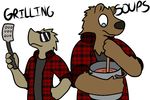  2016 aliasing anthro bear blue_eyes brown_fur clothed clothing cooking digital_media_(artwork) duo english_text eyewear female flannel fur glasses lizard male mammal reptile scalie shirt simple_background soup spatula text trout_(artist) trout_(character) 