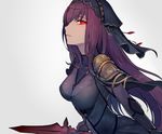 armor bangs bodysuit breasts brown_hair commentary_request fate/grand_order fate_(series) from_side headdress holding holding_weapon large_breasts long_hair looking_at_viewer parted_bangs parted_lips polearm purple_bodysuit red_eyes scathach_(fate)_(all) scathach_(fate/grand_order) shoulder_armor sketch slit_pupils solo spear walzrj weapon white_background 