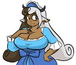  animal_humanoid big_breasts blush bovine breasts brown_hair cleavage clothed clothing cow_humanoid dark_skin ear_piercing female hair horn huge_breasts humanoid klara_(monster_girl_gamu) lewdsona mammal monster_girl_gamu multicolored_hair piercing simple_background smile two_tone_hair white_background white_hair 