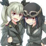  anchovy anzio_military_uniform arm_around_neck bangs belt black_hair black_shirt braid brown_eyes dress_shirt drill_hair girls_und_panzer green_hair grey_jacket grin hair_ribbon hand_on_hip helmet jacket kitayama_miuki long_hair long_sleeves looking_at_viewer military military_uniform multiple_girls necktie open_mouth pepperoni_(girls_und_panzer) red_eyes ribbon shirt short_hair shoulder_belt side_braid simple_background smile standing twin_drills twintails uniform upper_body white_background 