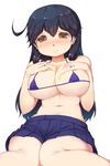  alternate_breast_size bare_shoulders black_hair blue_bikini_top blush breasts brown_eyes danbo_(rock_clime) highres kantai_collection large_breasts micro_bikini_top navel no_shirt sitting skirt skirt_tug smile solo ushio_(kantai_collection) wariza 