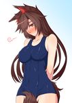  alternate_costume animal_ears arms_behind_back between_legs blue_swimsuit blush breasts brown_hair closed_mouth collarbone commentary_request covered_navel cowboy_shot hair_over_one_eye imaizumi_kagerou large_breasts long_hair mamedenchi nose_blush one-piece_swimsuit red_eyes school_swimsuit solo swimsuit tail tail_between_legs touhou wavy_mouth wolf_ears wolf_tail 