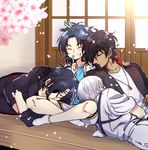  ^_^ black_hair blue_hair cherry_blossoms closed_eyes eyepatch feathers finger_to_mouth grin hair_feathers indian_style japanese_clothes lap_pillow male_focus multiple_boys ookurikara petals samosuke shokudaikiri_mitsutada shorts sitting sleeping smile taikogane_sadamune touken_ranbu tsurumaru_kuninaga white_hair 