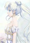  bare_shoulders bishoujo_senshi_sailor_moon blue_eyes collarbone crescent crown dated double_bun dress earrings facial_mark forehead_mark highres jewelry kem_kem long_hair neo_queen_serenity profile signature smile solo strapless strapless_dress tsukino_usagi twintails upper_body white white_background white_dress white_hair 