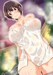  ass_visible_through_thighs bare_shoulders black_hair blush breasts brown_eyes cleavage commentary_request covered_nipples cowboy_shot idolmaster idolmaster_cinderella_girls kimura_neito large_breasts looking_at_viewer naked_towel oikawa_shizuku onsen see-through short_hair smile solo steam towel wading water wet wet_towel 