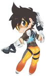 1girl ass gloves goggles gun holding holding_gun holding_weapon man0. overwatch shiny shiny_clothes shiny_hair short_hair simple_background solo tracer_(overwatch) white_background 