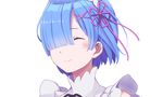  bad_id bad_pixiv_id blue_hair blush closed_eyes detached_sleeves dress hair_ornament hair_over_one_eye hair_ribbon headdress maid needle_(needlebomb) re:zero_kara_hajimeru_isekai_seikatsu rem_(re:zero) ribbon short_hair simple_background smile solo white_background x_hair_ornament 