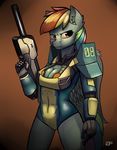  5_fingers alexart1275 anthro armor blue_fur breasts equine female fingers friendship_is_magic fur gun hair horse mammal multicolored_hair my_little_pony pink_eyes pony rainbow_dash_(mlp) rainbow_hair ranged_weapon solo weapon 