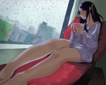  bare_legs barefoot blue_eyes blue_hair blurry collarbone couch cup depth_of_field dress_shirt holding holding_cup indoors juz krt_girls long_hair looking_to_the_side one_side_up perspective rain shirt sitting solo steam window xiao_qiong 
