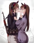  ak-47 amd assault_rifle belt breasts brown_hair chin_hold closed_eyes commentary covered_nipples cowboy_shot french_kiss glasses gun hd_5570 hd_5870 kiss large_breasts long_hair multiple_girls personification radeon rifle rimless_eyewear robot_ears syozui tongue utility_belt weapon yuri 