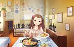  alcohol artist_request brown_hair cup flower food hair_flower hair_ornament idolmaster idolmaster_cinderella_girls idolmaster_cinderella_girls_starlight_stage jewelry long_hair necklace official_art paella pink_flower pink_rose red_eyes rose seki_hiromi solo wavy_hair wine 