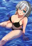  bikini black_bikini blue_eyes breasts collarbone hair_ornament hair_over_one_eye hairclip hamakaze_(kantai_collection) hand_on_thigh highres kantai_collection kishirotou large_breasts looking_at_viewer looking_up open_mouth short_hair silver_hair sitting smile solo swimsuit wariza water 