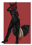  anthro clothed clothing collar feline female hair horn hybrid khaleesi looking_at_viewer mammal navel red_hair simple_background solo standing 
