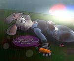  anthro bite_mark blood carrot ceejayponi_(artist) clothed clothing death detailed_background digital_media_(artwork) disney feels female food grey_eyes hi_res judy_hopps lagomorph mammal no_pupils outside police_uniform rabbit raining scratches solo text uniform vegetable wounded zootopia 