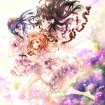  azalea_(love_live!) barefoot black_hair blue_hair brown_eyes brown_hair dress flower frills green_eyes hair_flower hair_ornament hair_ribbon interlocked_fingers kunikida_hanamaru kurosawa_dia long_hair love_live! love_live!_sunshine!! matsuura_kanan mole mole_under_mouth multiple_girls ponytail purple_eyes ribbon rymerge smile torikoriko_please!! 