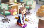  analog_clock artist_request blue_shirt book bookshelf box box_stack brown_eyes brown_hair cardboard_box chair clock collared_shirt confetti corded_phone desk dress_shirt file_cabinet frown hands_on_lap idolmaster idolmaster_cinderella_girls idolmaster_cinderella_girls_starlight_stage indoors keyboard_(computer) koseki_reina long_hair long_sleeves looking_away miniskirt monitor mouse_(computer) mousepad_(object) necktie office office_chair official_art on_floor over-kneehighs party_popper phone plaid plaid_skirt pleated_skirt purple_eyes purple_legwear purple_neckwear red_skirt safety_pin seiza shirt shoes sitting skirt sneakers solo source_request streamers striped striped_legwear striped_neckwear sweatdrop sweater_vest thighhighs tile_floor tiles 