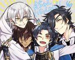  ;d black_hair blue_hair brown_hair cape dated eyepatch feathers grin hair_feathers hood japanese_clothes male_focus multiple_boys one_eye_closed ookurikara open_mouth samosuke shokudaikiri_mitsutada smile taikogane_sadamune touken_ranbu translated tsurumaru_kuninaga white_hair yellow_eyes 