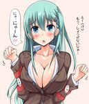  blue_eyes blush breasts cleavage closed_eyes green_hair hair_ornament hairclip kantai_collection large_breasts long_hair orange_background simple_background solo speech_bubble suzuya_(kantai_collection) translated yuguran_(specs) 