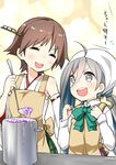  2girls :d ^_^ ^o^ absurdres ahoge apron artist_name bare_shoulders blush bow bowtie brown_hair bubble check_translation closed_eyes collar commentary_request cooking detached_sleeves dripping flipped_hair flying_sweatdrops food green_bow green_neckwear green_skirt hair_between_eyes head_tilt headgear hiei_(kantai_collection) highres holding japanese_clothes kantai_collection kimono kiyoshimo_(kantai_collection) ladle long_sleeves low_twintails multiple_girls nontraditional_miko open_mouth plaid plaid_skirt pot purple_skirt red_ribbon ribbon ribbon-trimmed_sleeves ribbon_trim round_teeth ryuki_(ryukisukune) shirt short_hair signature silver_eyes silver_hair skirt sleeveless sleeveless_kimono smile tareme teeth text_focus translation_request twintails v-shaped_eyebrows veil white_shirt wide_sleeves wing_collar yellow_apron 