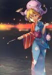  adapted_costume american_flag animal animal_on_head blonde_hair clownpiece fang food gensou_ningyou_enbu head_tilt highres holding japanese_clothes kasuka_(kusuki) kimono long_sleeves looking_at_viewer night obi octopus on_head open_mouth orange_eyes outdoors revision sash smile solo standing star striped takoyaki touhou water_balloon wide_sleeves wrist_extended yukata 