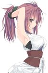  absurdres armpits arms_up bare_shoulders black_eyes breasts commentary_request edogawa_nao eyebrows eyebrows_visible_through_hair fingerless_gloves gloves hair_ribbon hair_tie highres hunter_x_hunter japanese_clothes large_breasts long_hair looking_at_viewer machi_(hunter_x_hunter) obi ponytail purple_hair ribbon sash short_sleeves simple_background solo white_background 