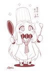  chef_hat chef_uniform commentary frying_pan hat kantai_collection ladle long_hair mittens monochrome northern_ocean_hime scarf sidelocks sketch solo sparkle translated very_long_hair white_background wrist_cuffs yamato_nadeshiko 