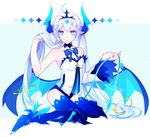  1girl albino bare_shoulders bat_wings blue_eyes blush choker demon_girl detached_sleeves elsword full_body hakuji headband horns long_hair looking_at_viewer luciela_r._sourcream noblesse_(elsword) petite ribbon ring simple_background sitting sleeveless_shirt small_breasts smile solo symbol-shaped_pupils tail thighhighs twintails white_hair wings zettai_ryouiki 