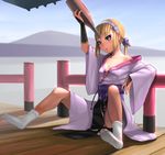  1girl alcohol blonde_hair blush feet holding jishimaru kimono long_hair looking_at_viewer mountain open_mouth outdoors panties pantyshot_(sitting) small_breasts socks solo spread_legs underwear 