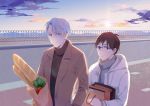  2boys bag baguette blue-framed_eyewear blue_eyes blue_sky bread brown_coat brown_eyes brown_hair cloud coat food grey_hair grey_sweater grocery_bag hand_in_another&#039;s_pocket hand_in_pocket holding holding_bag hood hoodie katsuki_yuuri lens_flare looking_at_viewer male_focus multiple_boys ouououououou outdoors parted_lips railing road shopping_bag sidewalk sky standing sun sweater turtleneck turtleneck_sweater viktor_nikiforov white_hoodie yaoi yuri!!!_on_ice 