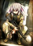  alternate_costume animal_ears assault_rifle black_hawk_down boots bunny_ears camouflage cross-laced_footwear derivative_work desert_pattern dutch_angle full_body gun headwear_removed helmet helmet_removed lace-up_boots lavender_hair long_hair long_sleeves m16a2 military military_uniform pants red_eyes reisen_udongein_inaba rifle sitting solo three-color_desert_(camo) touhou tri-color_desert uniform weapon woodland_pattern yutori_(inu-hito) 