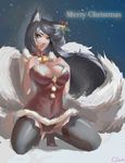  ahri alternate_costume animal_ears black_legwear black_panties breasts cian_yo fox_ears fox_tail high_heels large_breasts league_of_legends lingerie lips long_hair looking_at_viewer multiple_tails off_shoulder panties resized revealing_clothes santa_costume snow solo squatting tail thighhighs underwear yellow_eyes 