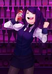  bangs bartender beer_can bottle can closed_eyes cowboy_shot duff_beer foam highres iwbitu-sa julianne_stingray miniskirt necktie open_mouth pantyhose ponytail purple_hair skirt solo the_simpsons va-11_hall-a 