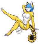  anthro breasts featureless_breasts feline female khaleesi looking_at_viewer mammal navel nude simple_background sitting smile solo striped_tail stripes white_background 