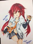 absurdres colored_pencil_(medium) food hair_ornament hairclip highres long_hair looking_at_viewer necktie neptune_(series) one_eye_closed pudding red_eyes red_hair signature sketch smile solo tennouboshi_uzume traditional_media twintails 