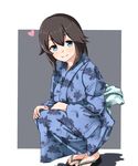  alternate_costume ame-rain blue_eyes blue_kimono brown_hair floral_print from_side hand_on_own_knee hayasui_(kantai_collection) heart highres japanese_clothes kantai_collection kimono looking_at_viewer obi parted_lips purple_background sandals sash short_hair smile solo 