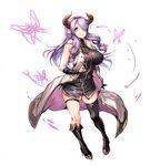  ajishio bare_shoulders breasts bug butterfly draph gigantic_breasts granblue_fantasy hair_over_one_eye insect legs long_hair looking_at_viewer narmaya_(granblue_fantasy) purple_eyes purple_hair sideboob simple_background smile solo thighs 